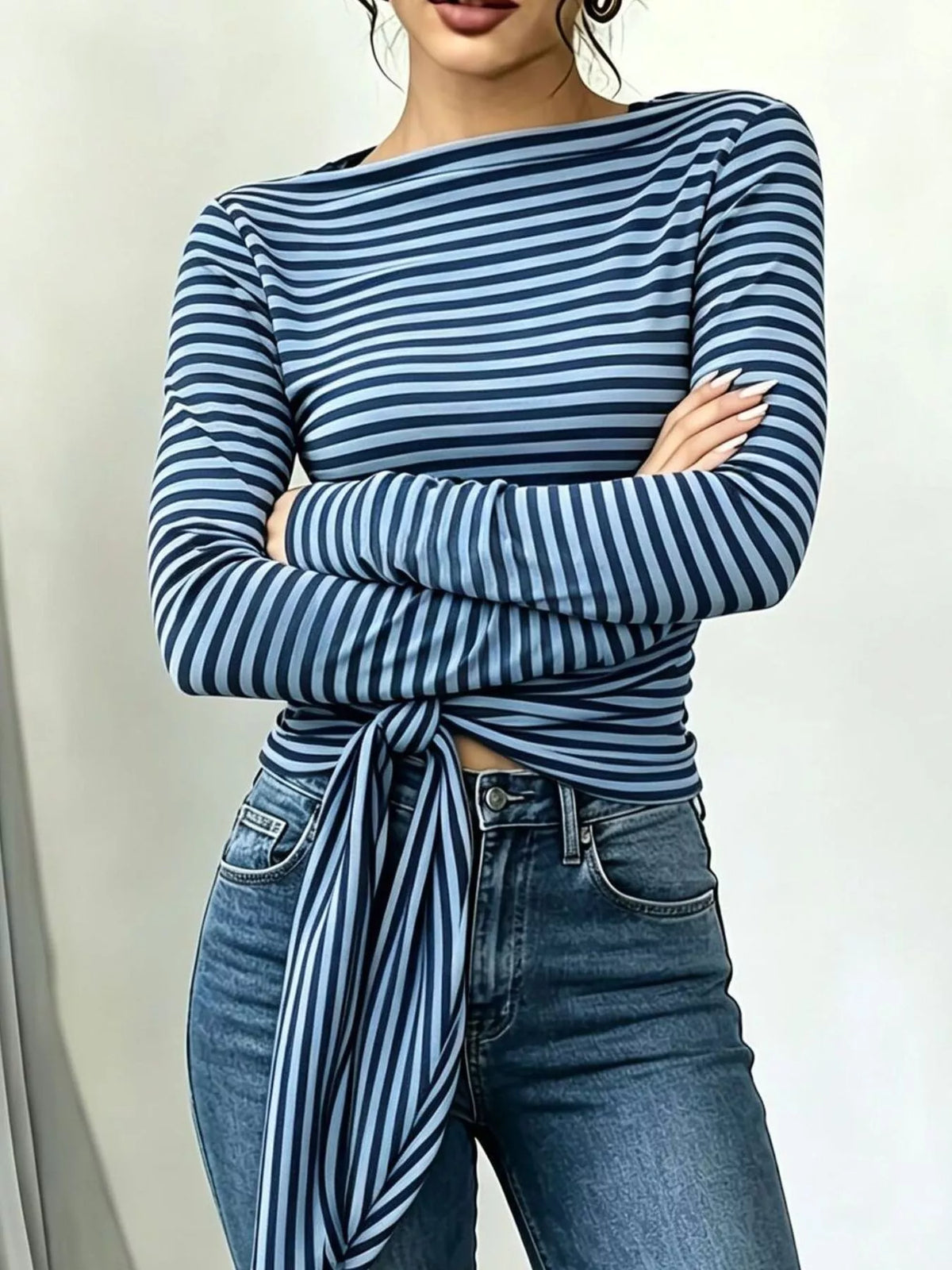 Long Sleeve Striped T-Shirt with Front Tie Detail - Lilixa.store