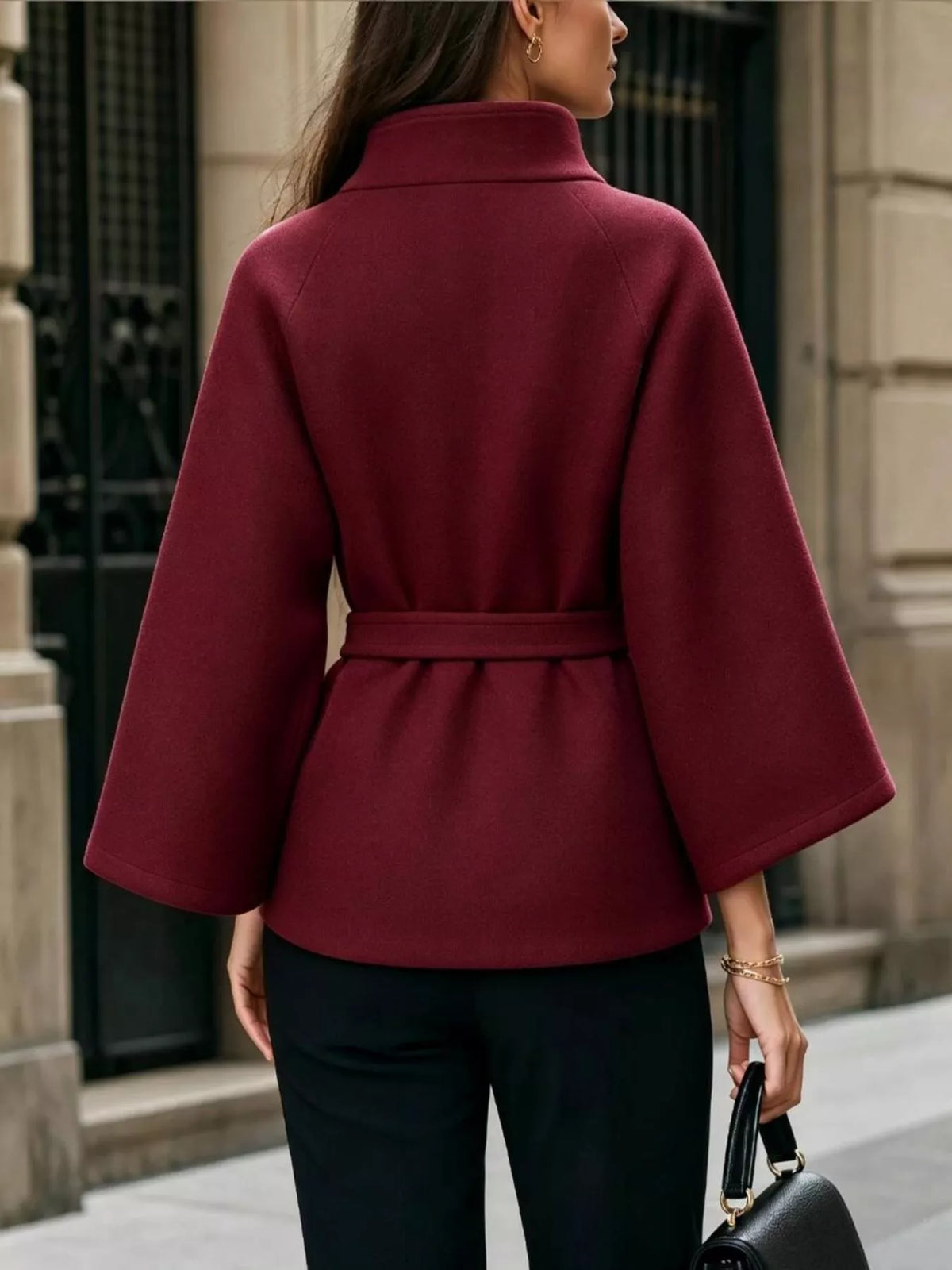 Button Down Cape Coat with Belted Waist, view 7