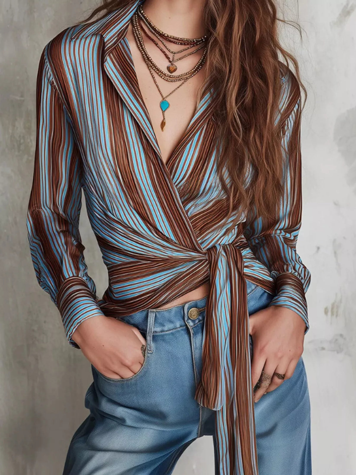 Striped Wrap Shirt with Tie-Front Detail - Lilixa.store