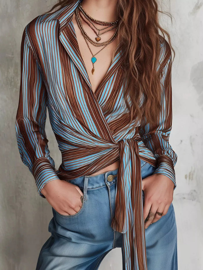 Striped Wrap Shirt with Tie-Front Detail - Lilixa.store