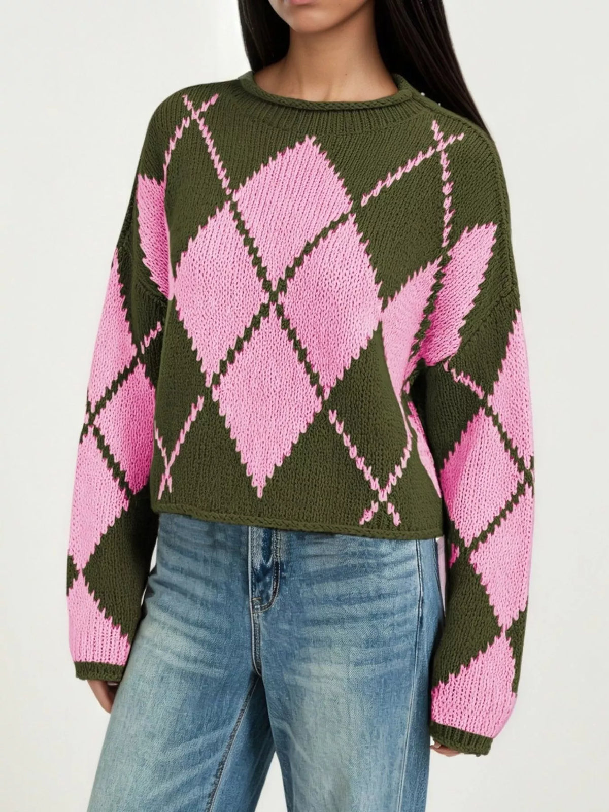 Argyle Pattern Knit Dropped Shoulder Sweater - Lilixa.store