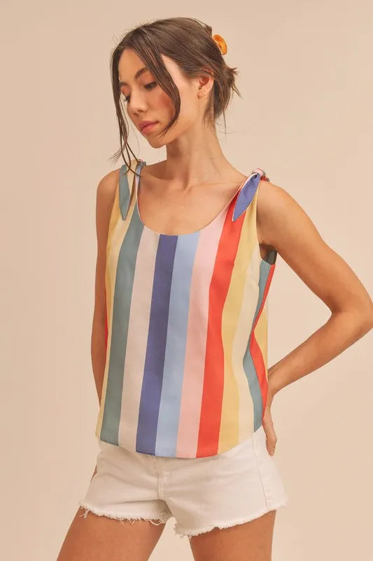 Aemi + Co Contrast Striped Scoop Neck Tie Shoulder Tank in Blue/Yellow/Red, view 3