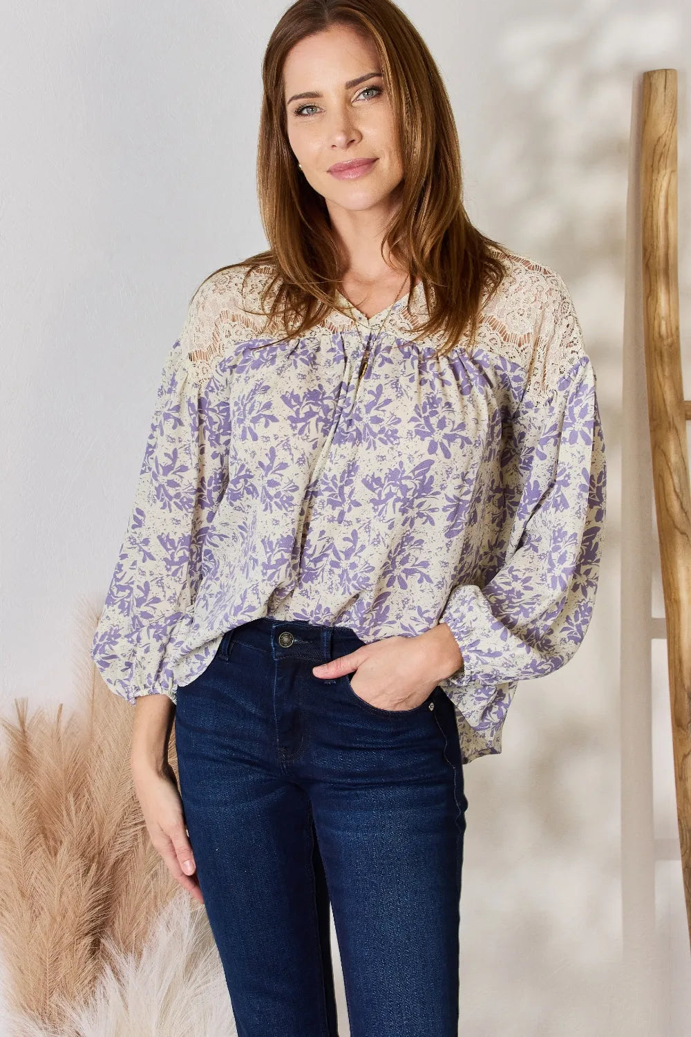 Hailey & Co Full Size Lace Detail Printed Blouse - Lilixa.store
