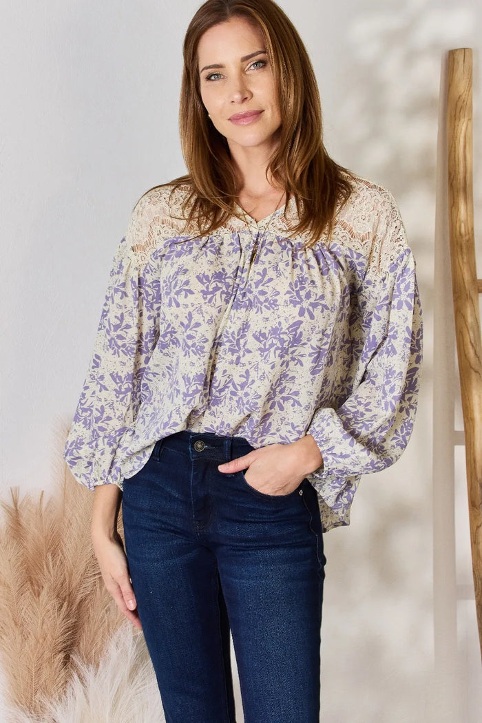 Hailey & Co Full Size Lace Detail Printed Blouse - Lilixa.store