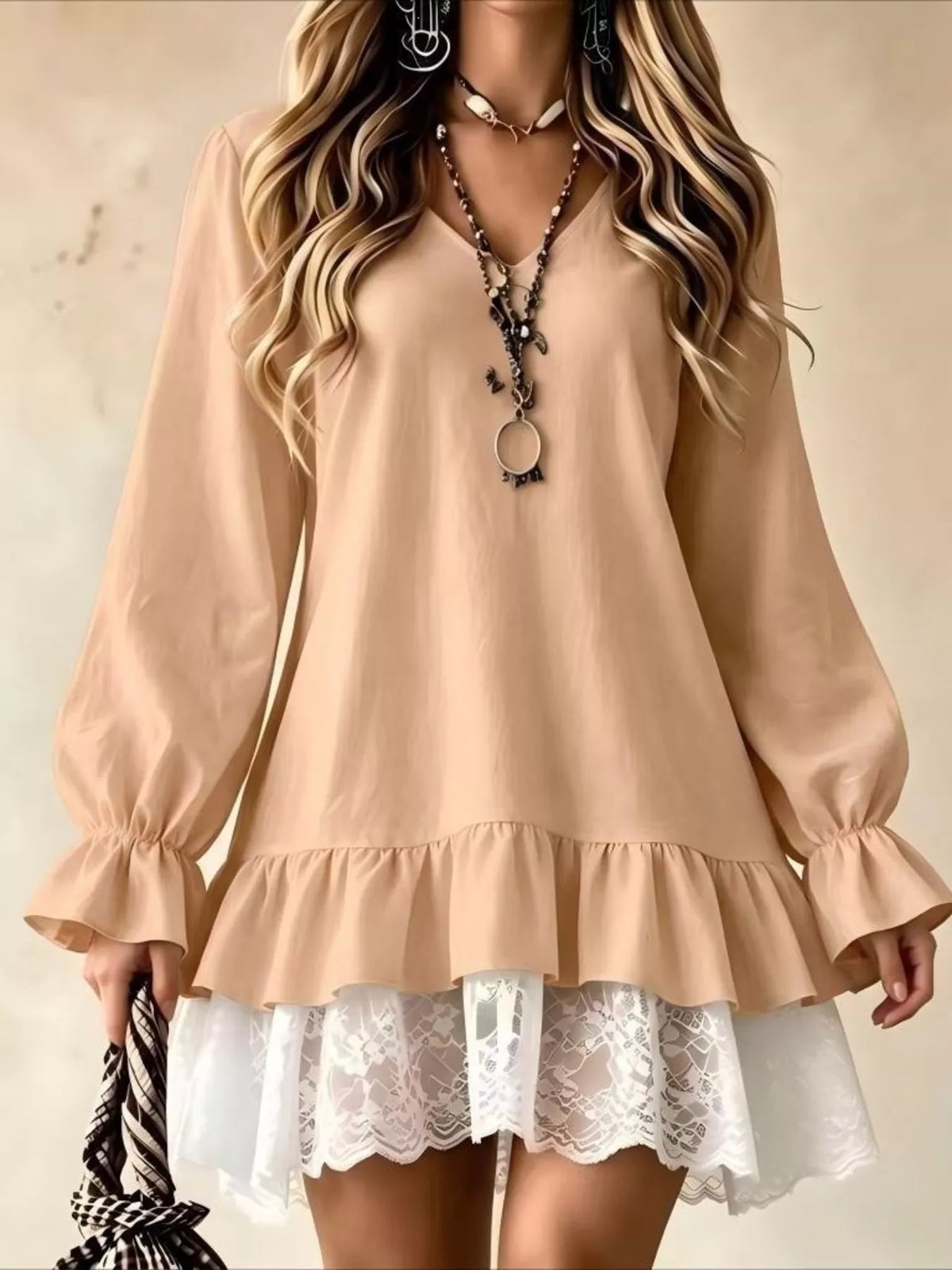 V-Neck Long Sleeve Ruffle Hem Lace Trim Mini Dress in Camel