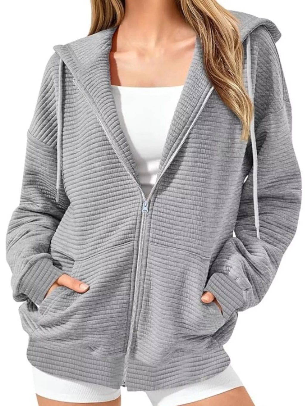 Drawstring Zip Up Dropped Shoulder Hoodie - Lilixa.store