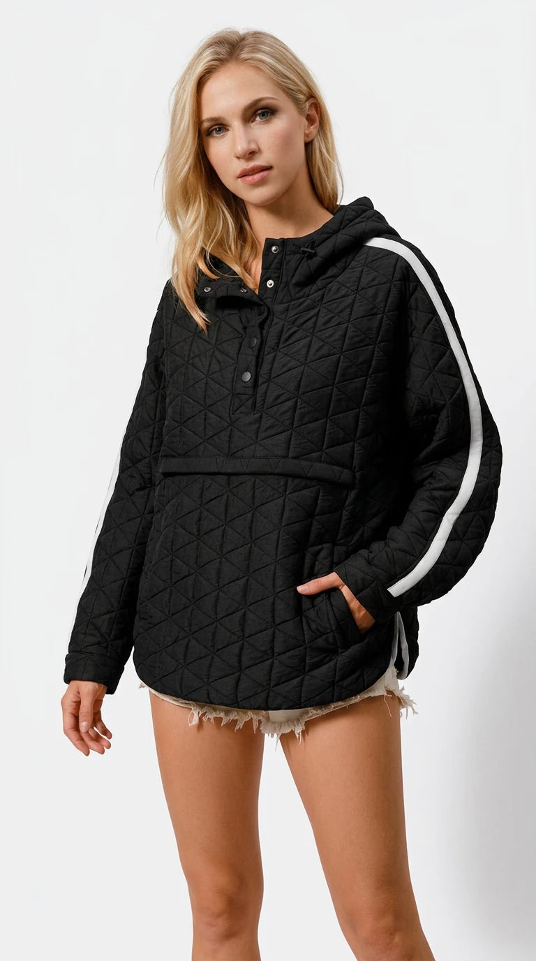Double Take Contrast Trim Long Sleeve Half Snap Texture Hoodie with Pocket in Black