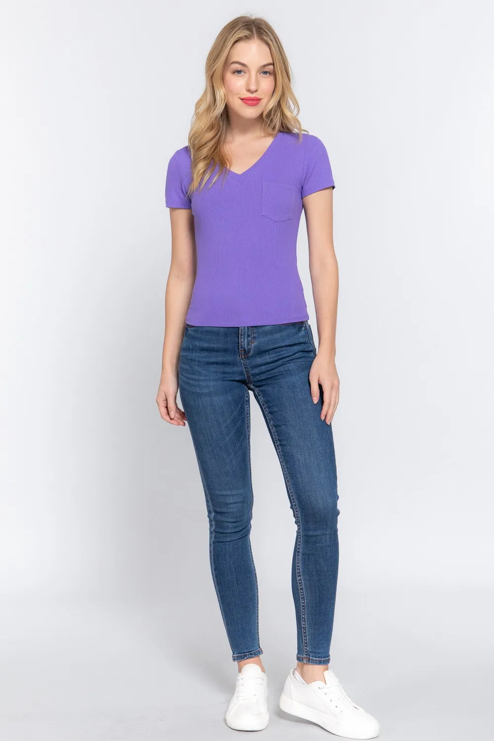ACTIVE BASIC V-Neck Ribbed Short Sleeve Knit T-Shirt - Lilixa.store