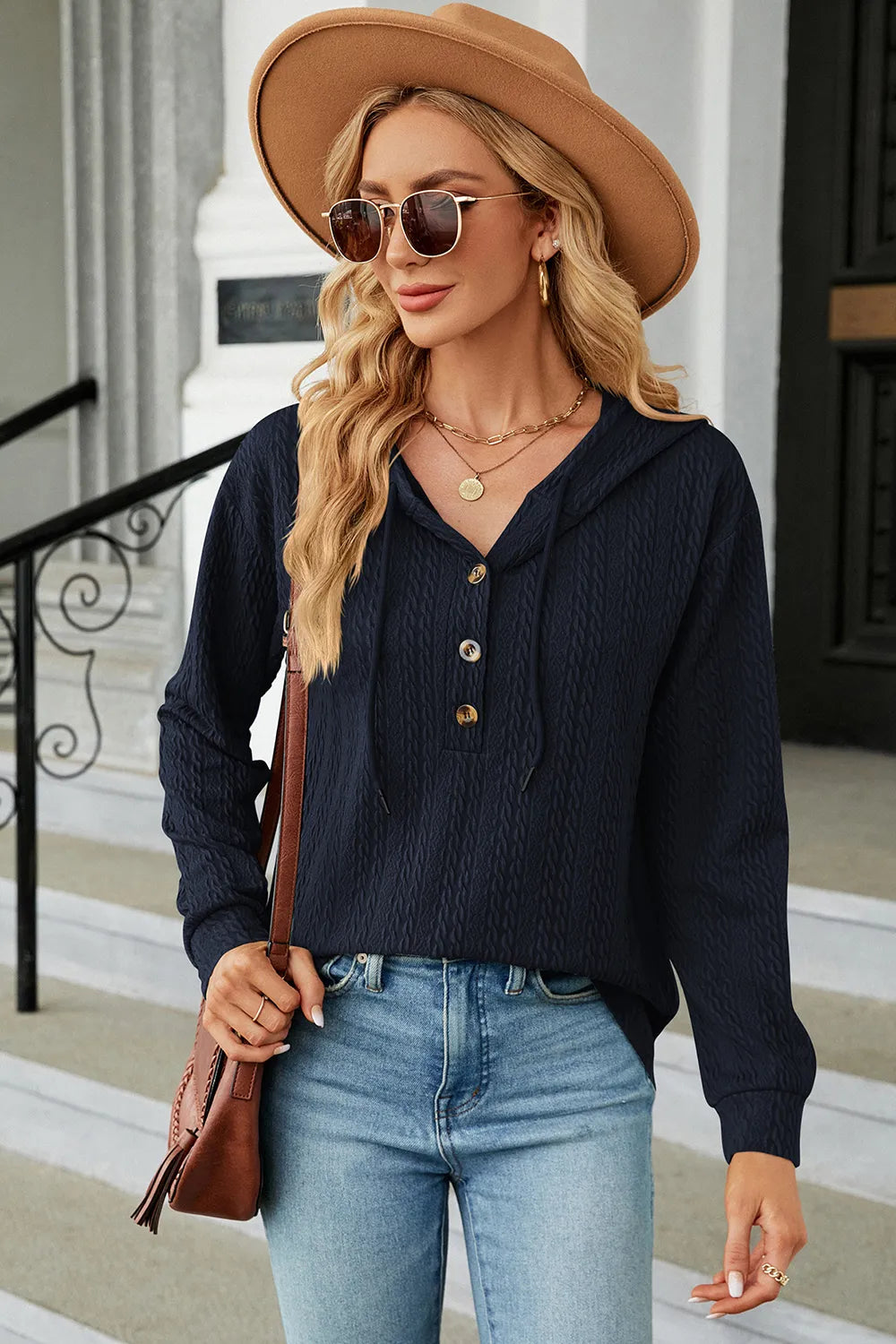 Drawstring Half Button Long Sleeve Hoodie - Lilixa.store