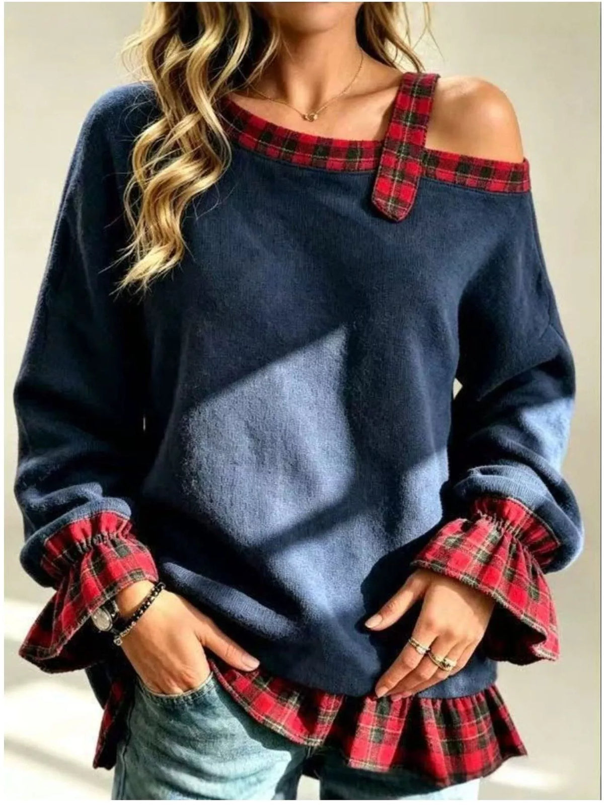 Full Size Cold-Shoulder Plaid Patchwork Long Sleeve Top Plus Size - Lilixa.store