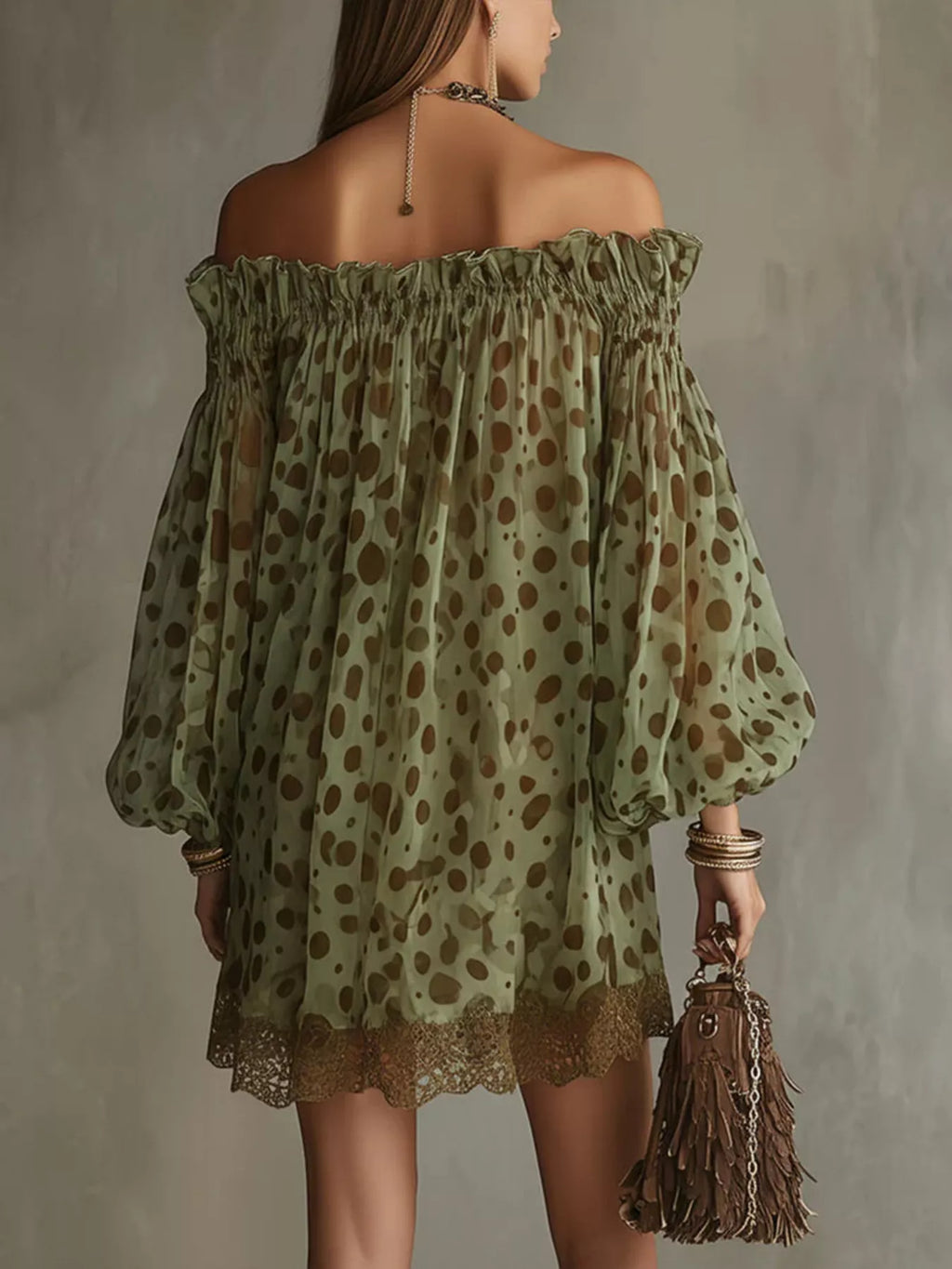 Off-Shoulder Polka Dot Sheer Mini Dress - Lilixa.store