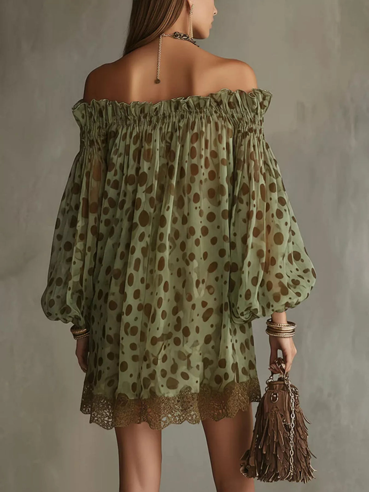 Off-Shoulder Polka Dot Sheer Mini Dress - Lilixa.store