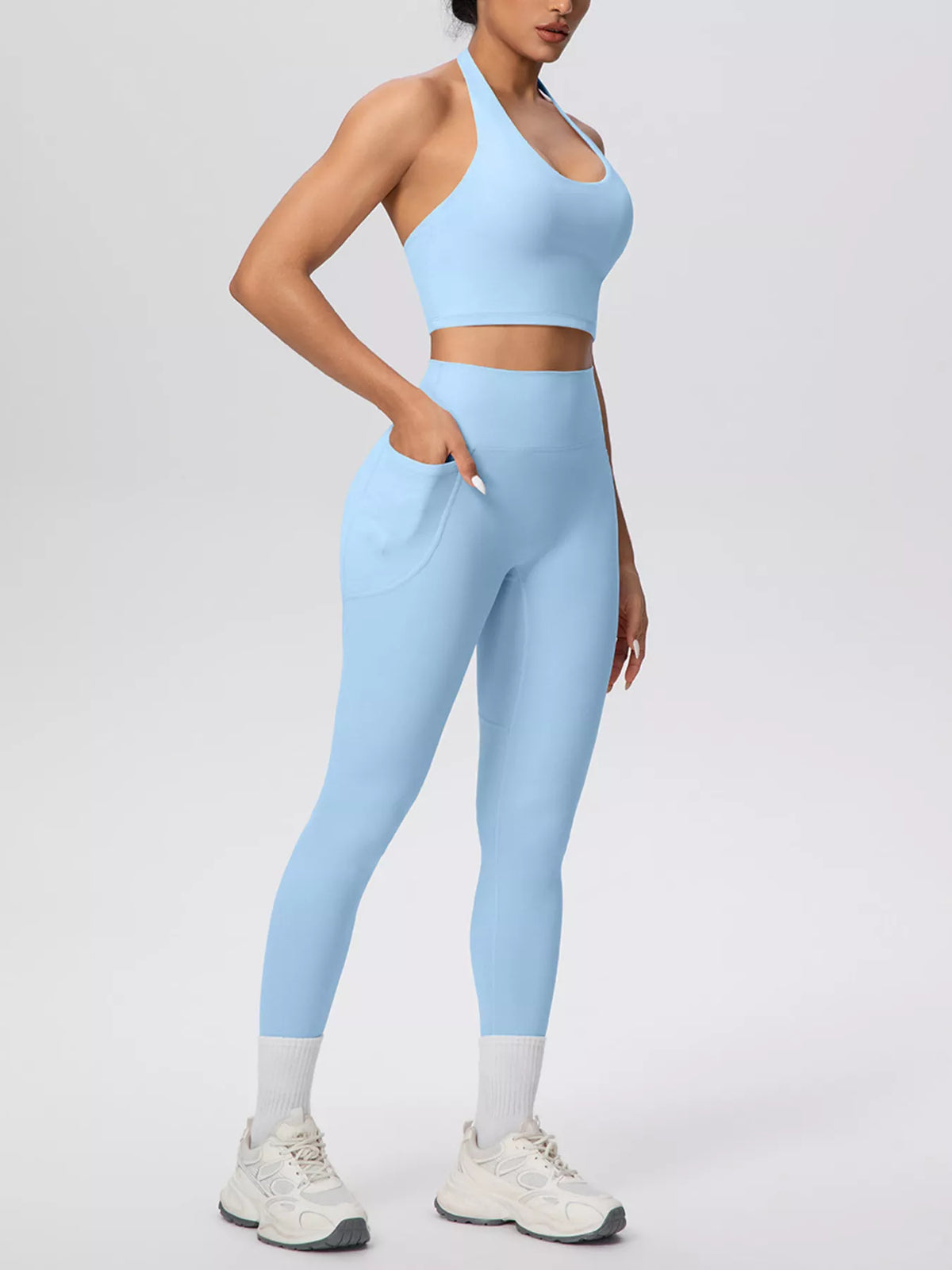 Halter Neck Crop Top and High-Waisted Leggings Active Set in Light Blue