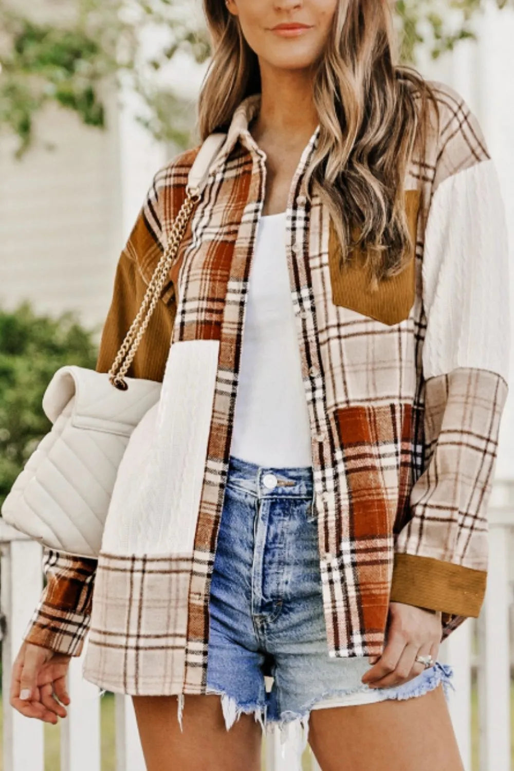 Plaid Button Up Long Sleeve Shacket in Sherbet, view 8