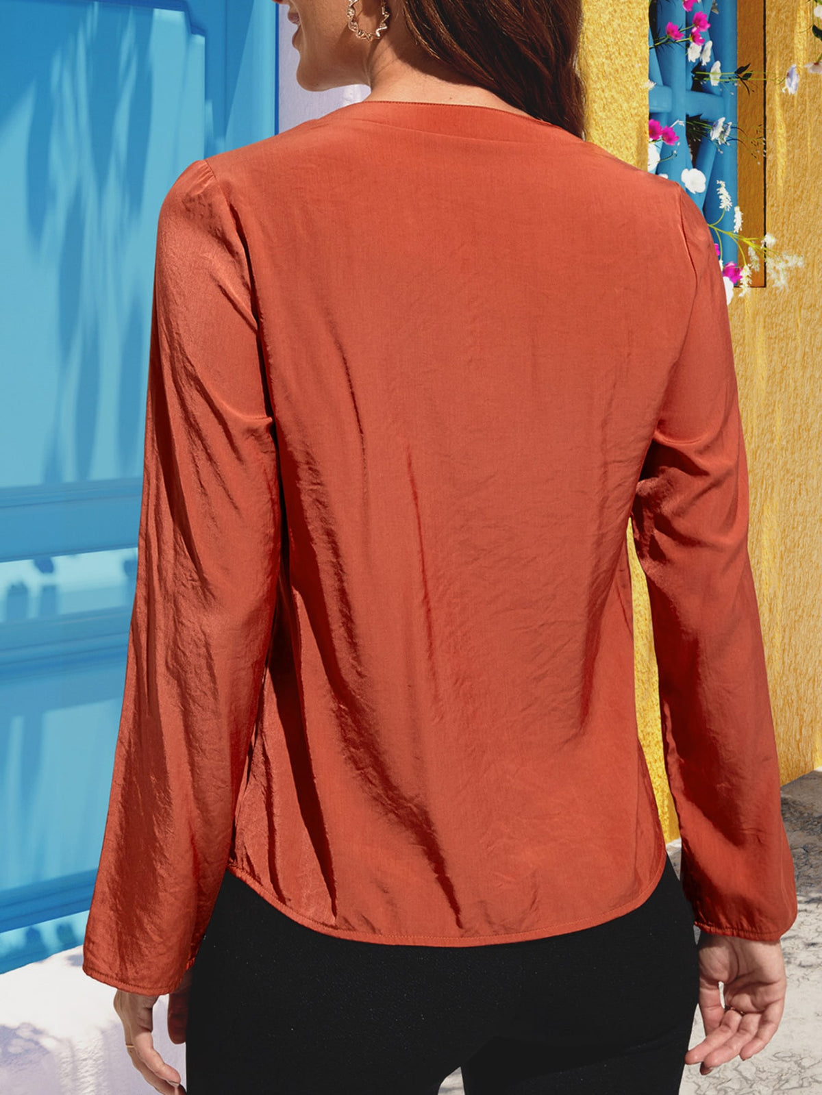 Notched Neck Long Sleeve Top in Red Orange, view 2