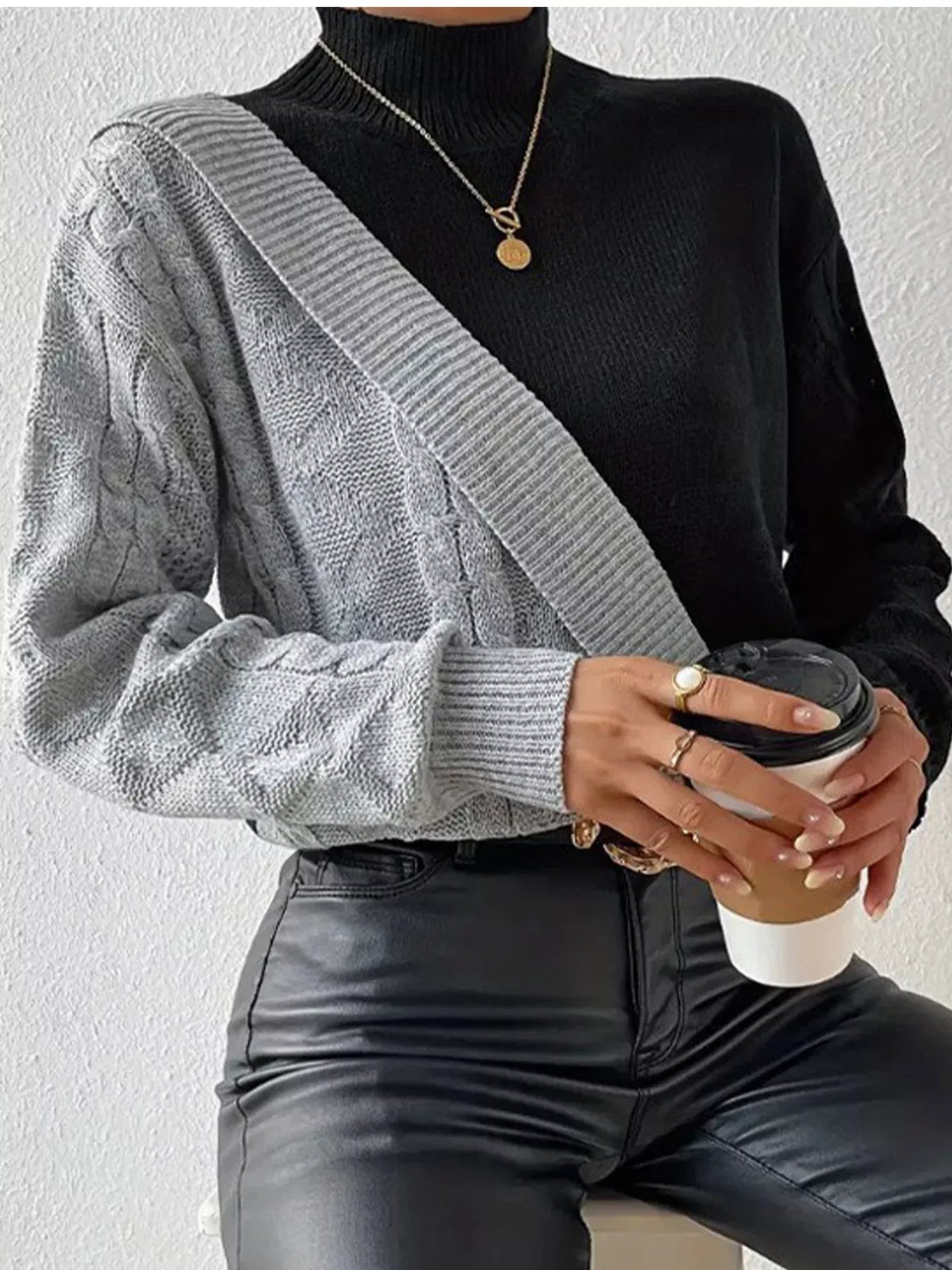 Color Block Cable Knit Mock Neck Sweater - Lilixa.store
