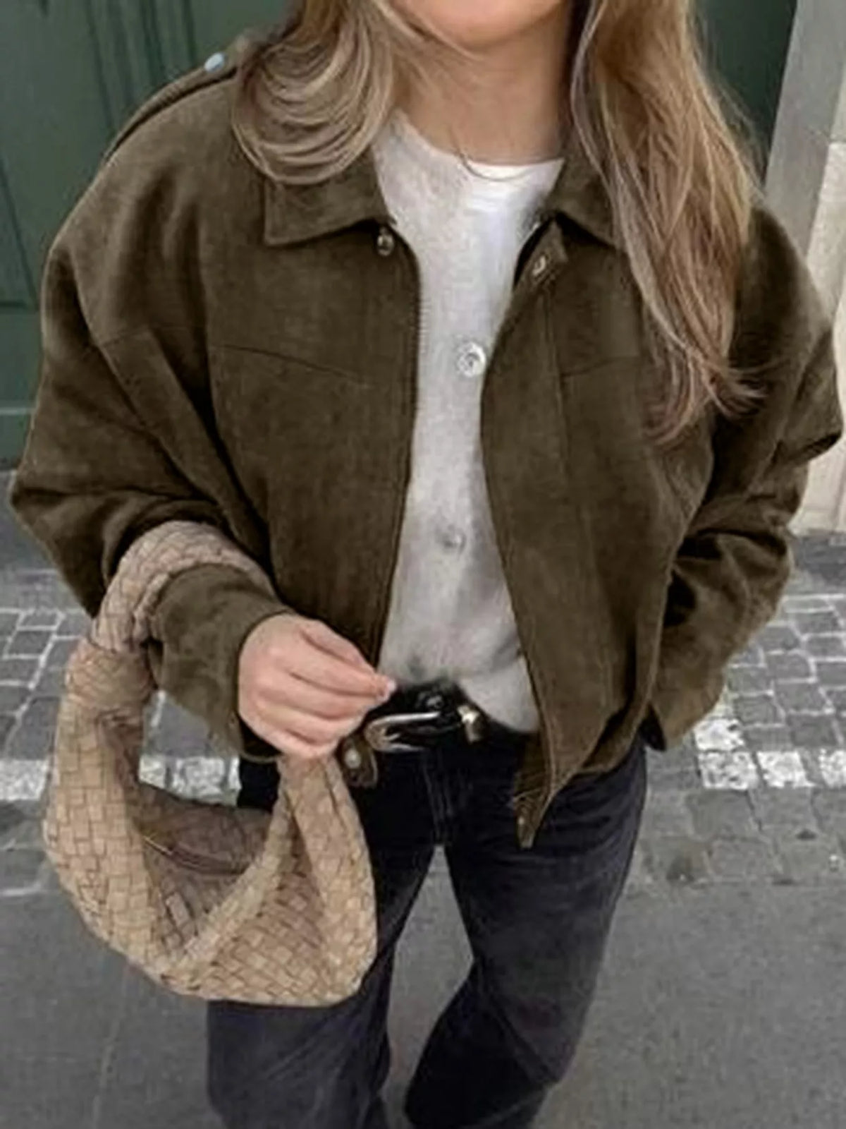 Suede Cropped Bomber Jacket in Army Green, view 4