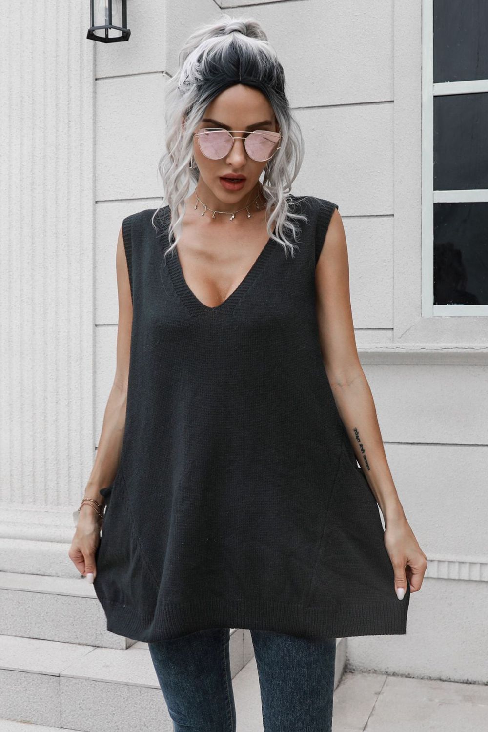 V-Neck Sleeveless Sweater Vest with Pocket in Black, view 5