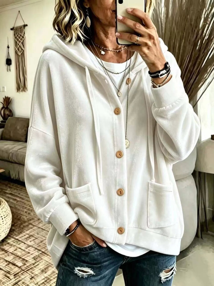Full Size Casual Button-Down Hooded Outerwear Plus Size in White