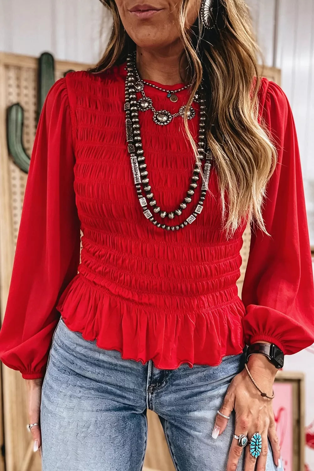 Smocked Balloon Sleeves Peplum Blouse - Lilixa.store