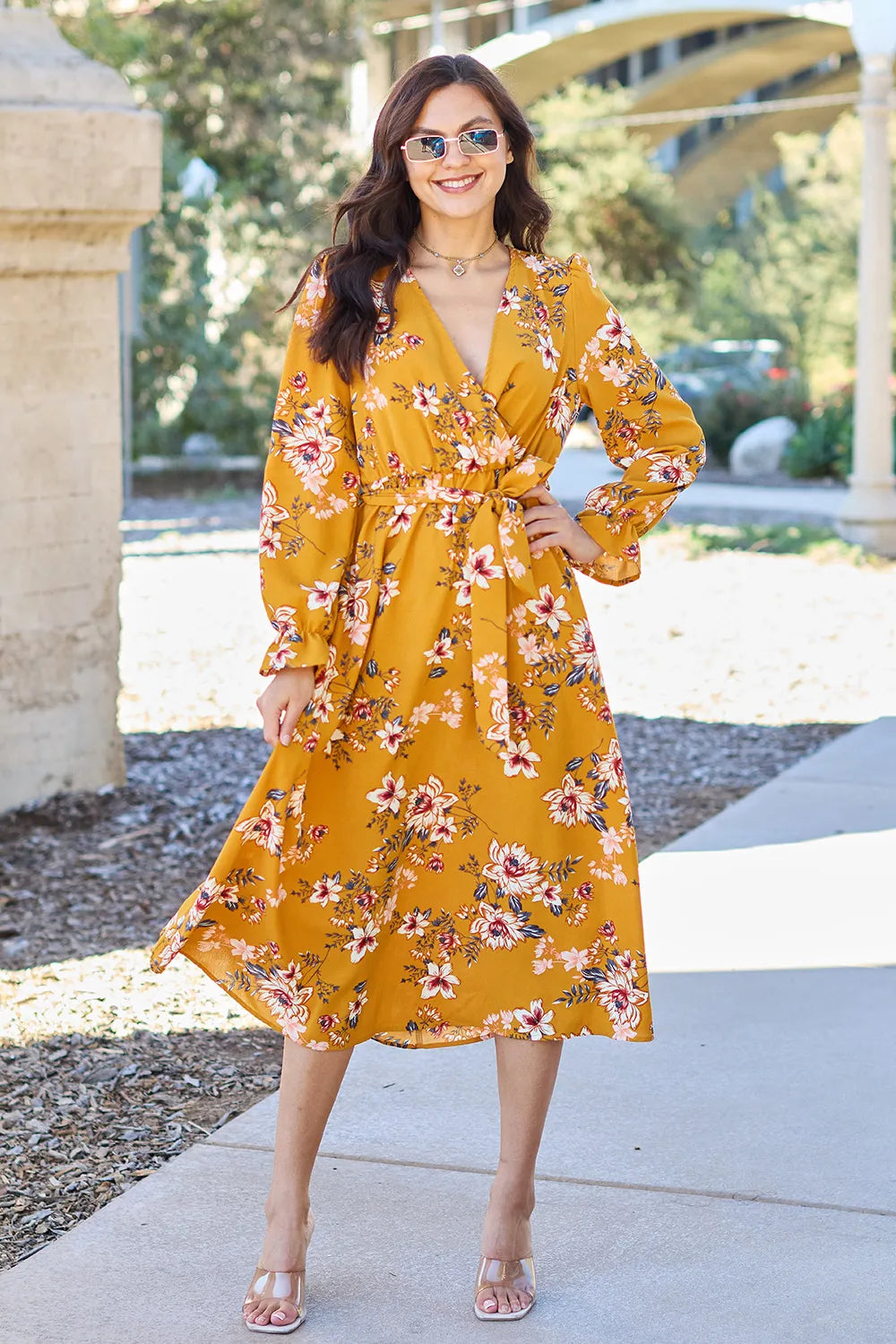 Double Take Full Size Floral Tie Back Flounce Sleeve Dress - Lilixa.store