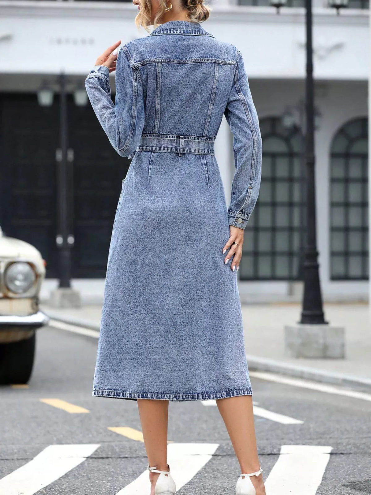 Belted Long Sleeve Denim Dress, view 10