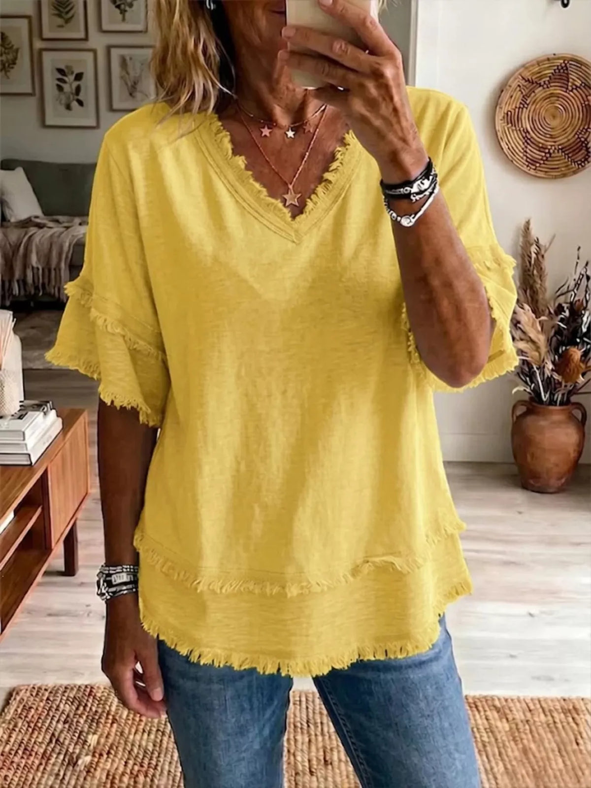 Full Size Frayed Edge V-Neck Blouse Plus Size - Lilixa.store