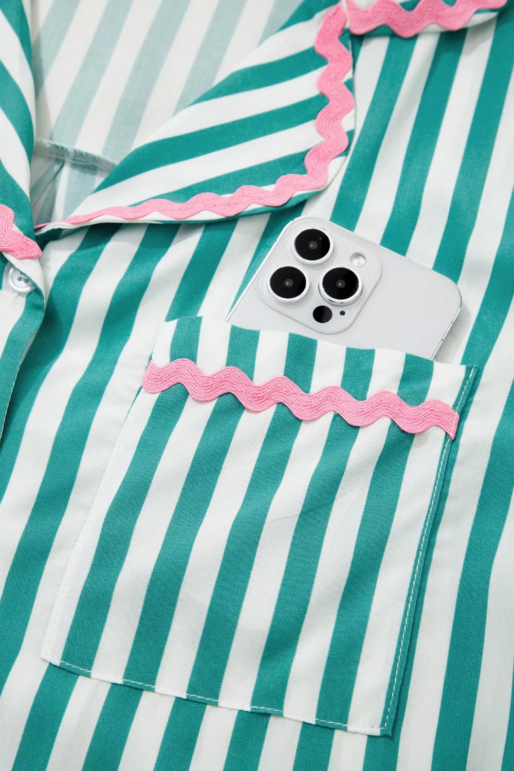 Stripe Contrast Ricrac Trim Long Sleeve Shirt Drawstring Ruffled Pajama Short Set - Lilixa.store