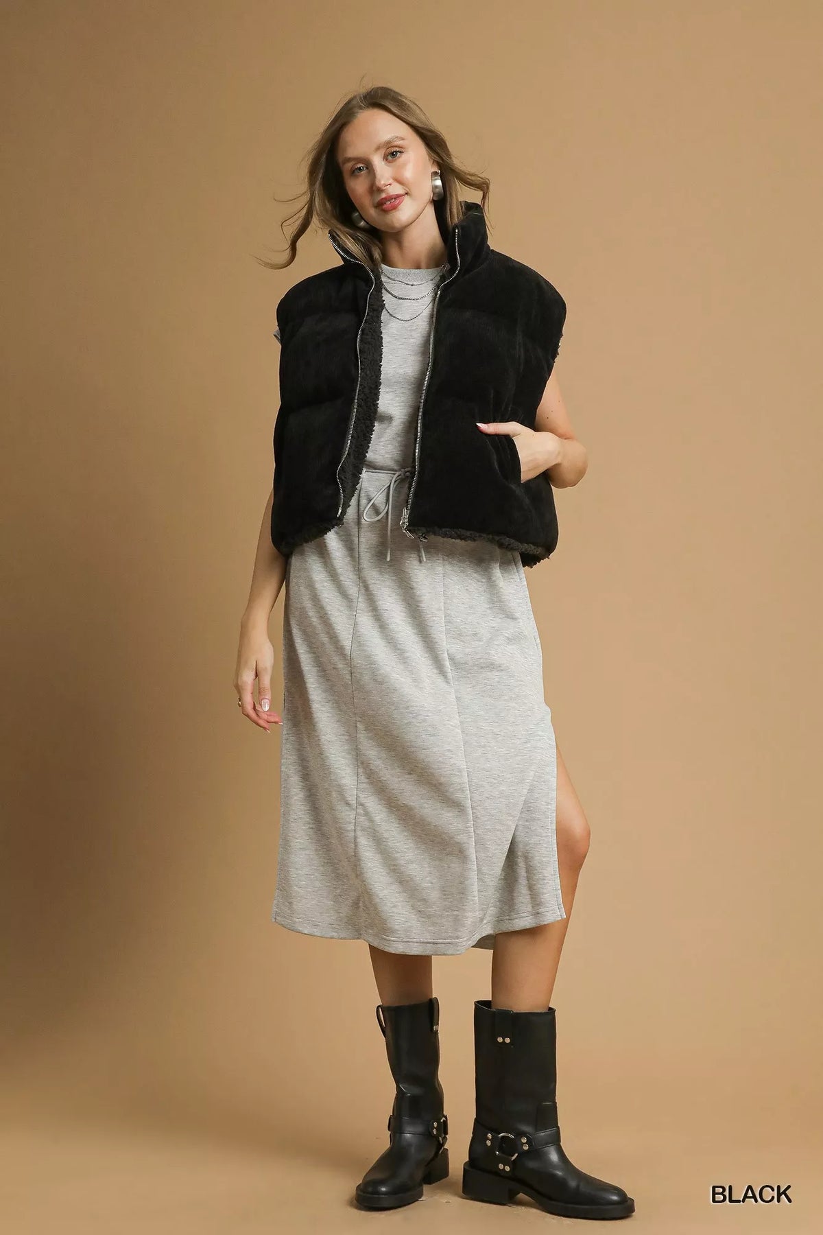 Umgee Sherpa-Lined Zip Vest with Drawstring Hem - Lilixa.store