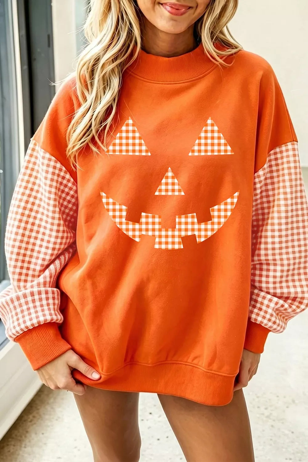 Plaid Sleeve Halloween Pumpkin Face Graphic Sweatshirt - Lilixa.store