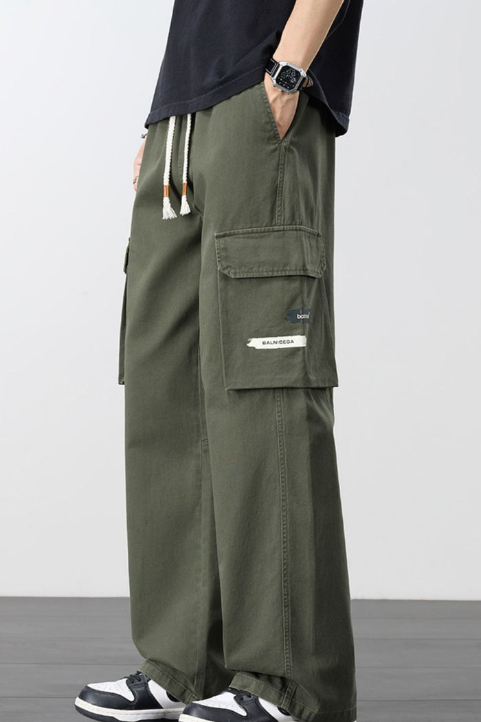 Men's Plus Size Loose Fit Cargo Pants with Drawstring in Army Green