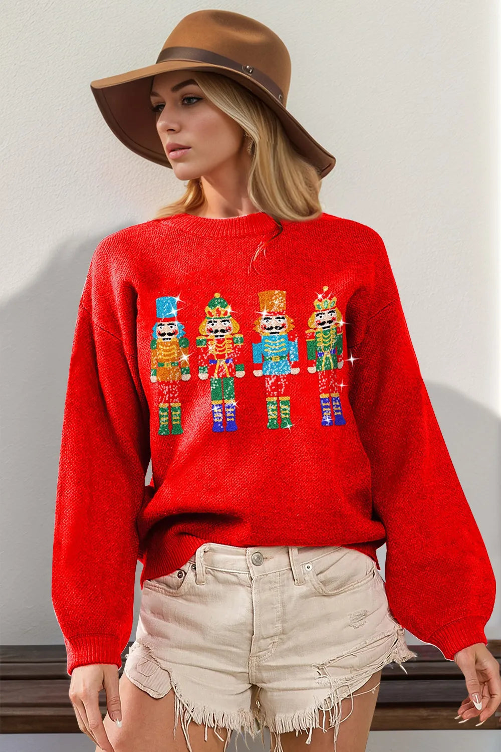 Double Take Full Size Sequin Nutcracker Long Sleeve Sweater in Red