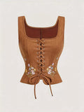 Floral Embroidered Lace-Up Vest Coat - Lilixa.store