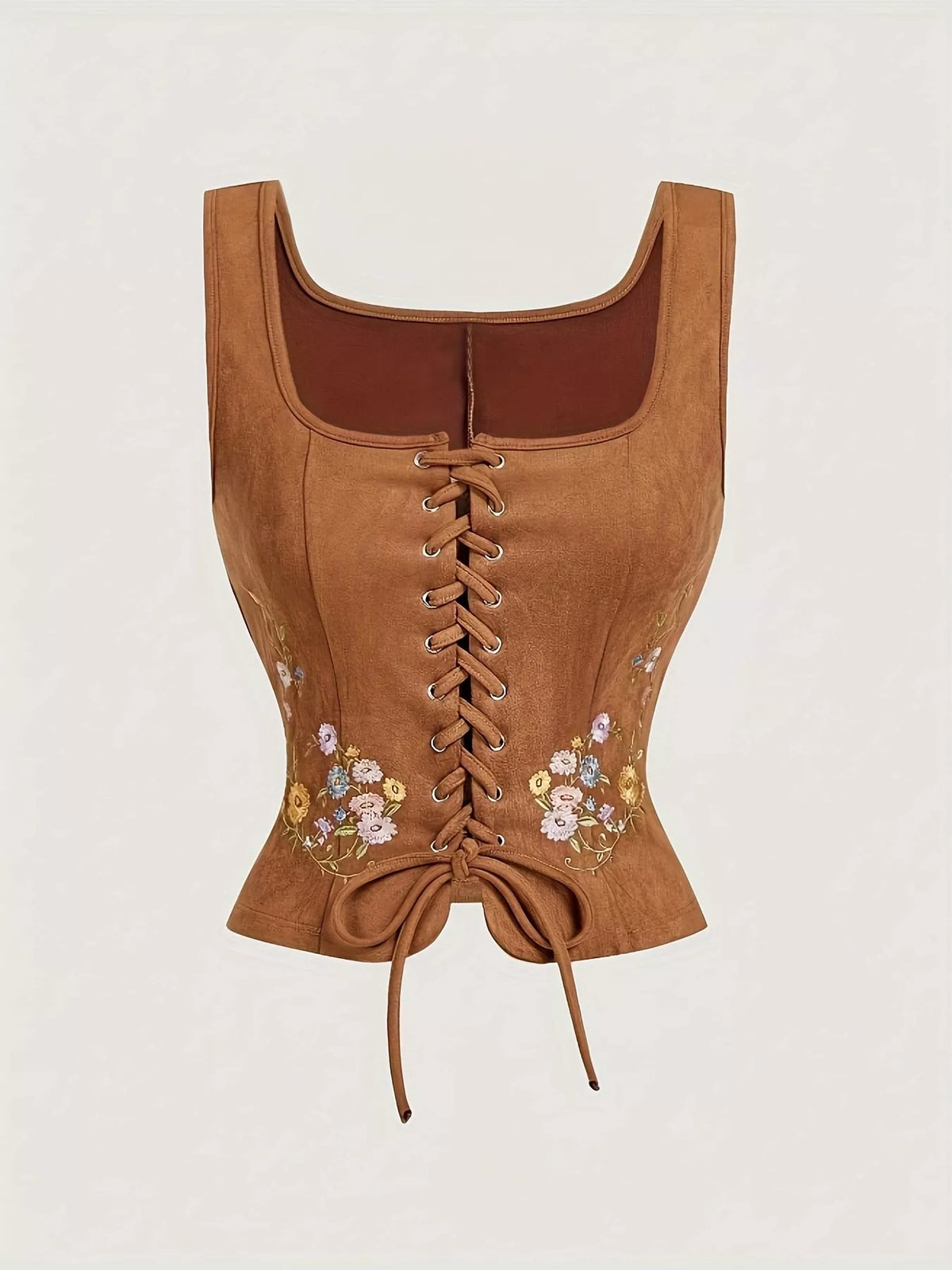 Floral Embroidered Lace-Up Vest Coat - Lilixa.store