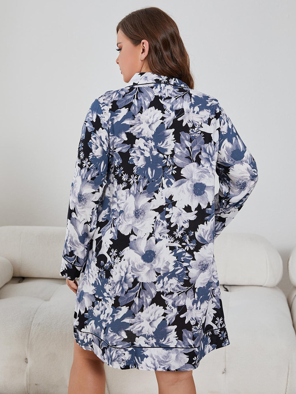 Plus Size Floral Lapel Collar Long Sleeve Night Dress - Lilixa.store