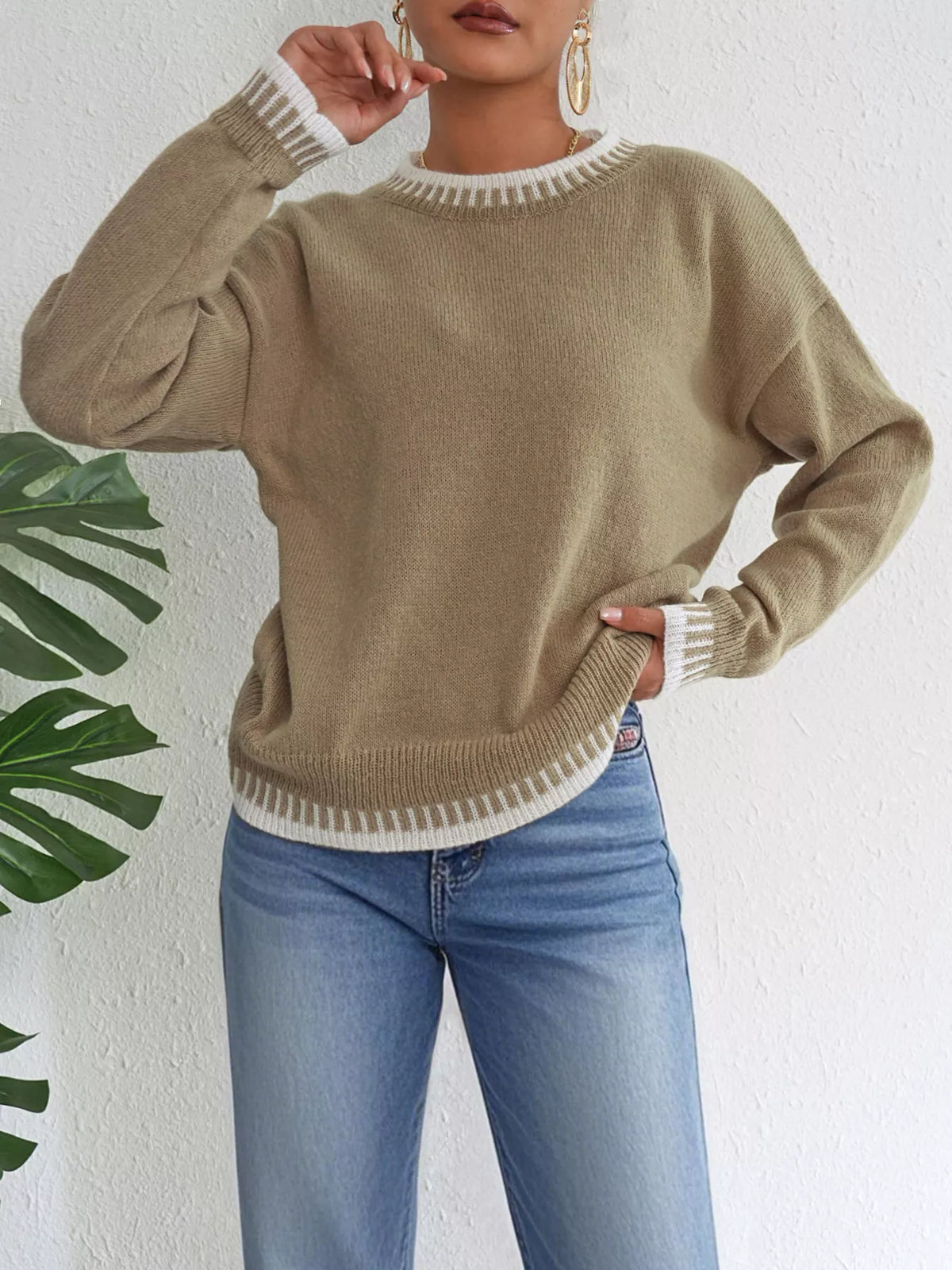 Contrast Trim Crew Neck Drop Shoulder Sweater - Lilixa.store