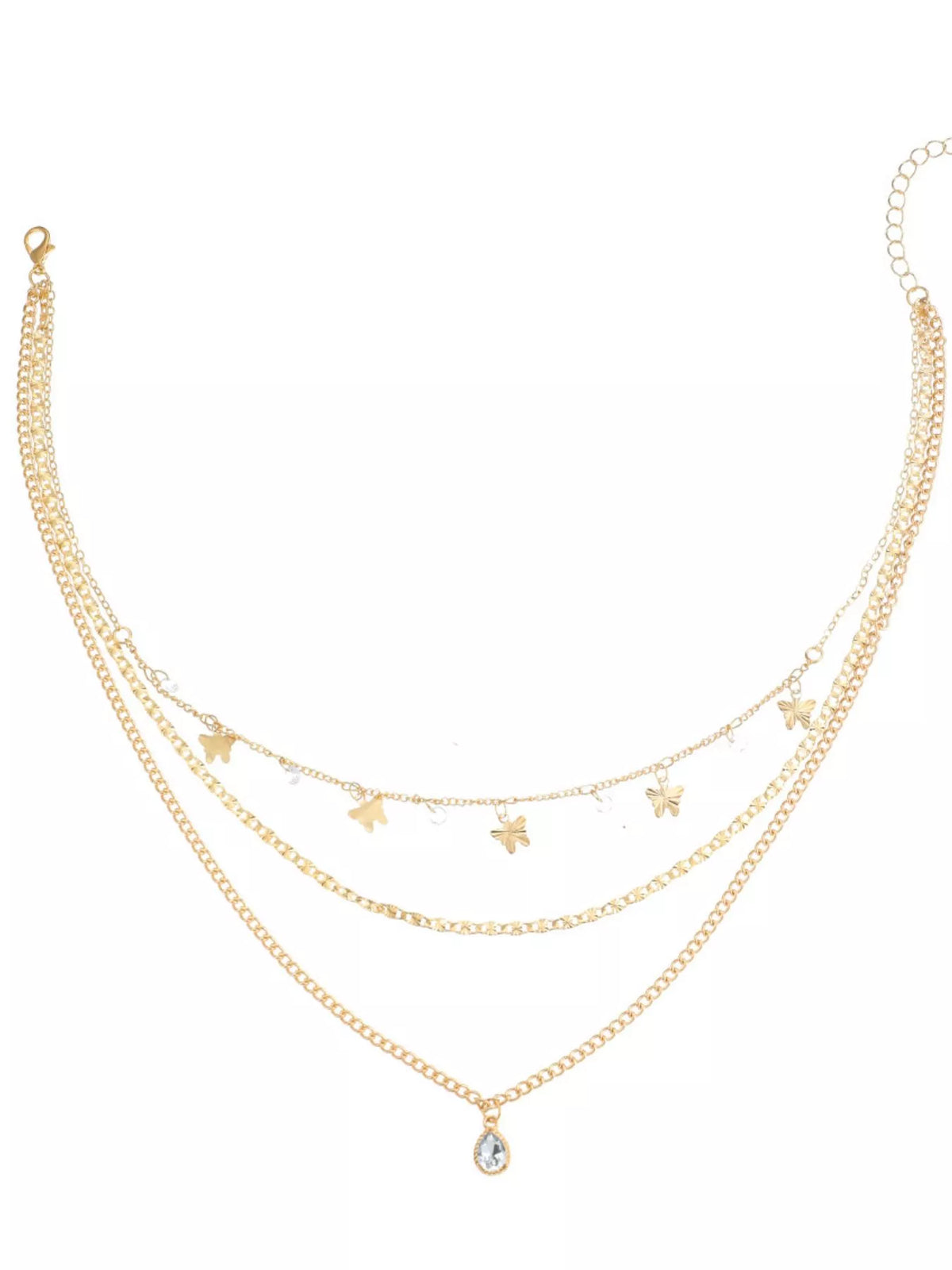 Layered Alloy Necklace with Butterfly and Zircon Charms