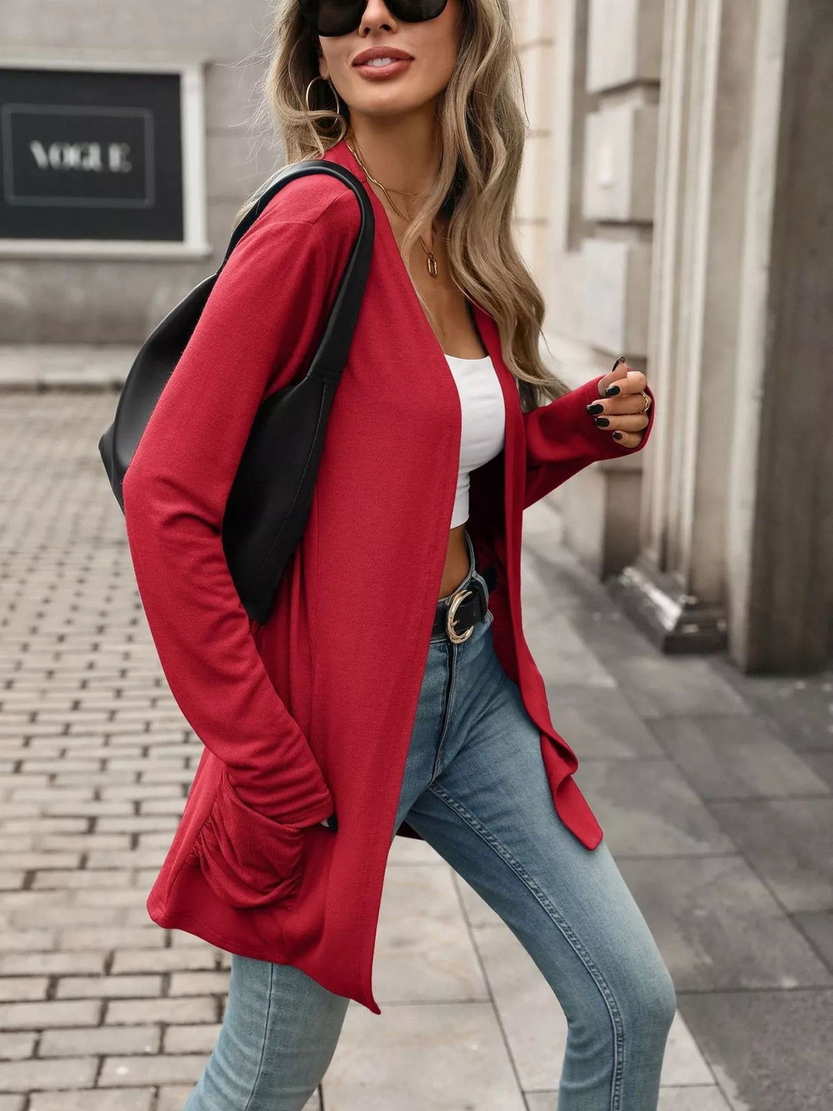 Ruched Pocket Open Front Cardigan - Lilixa.store