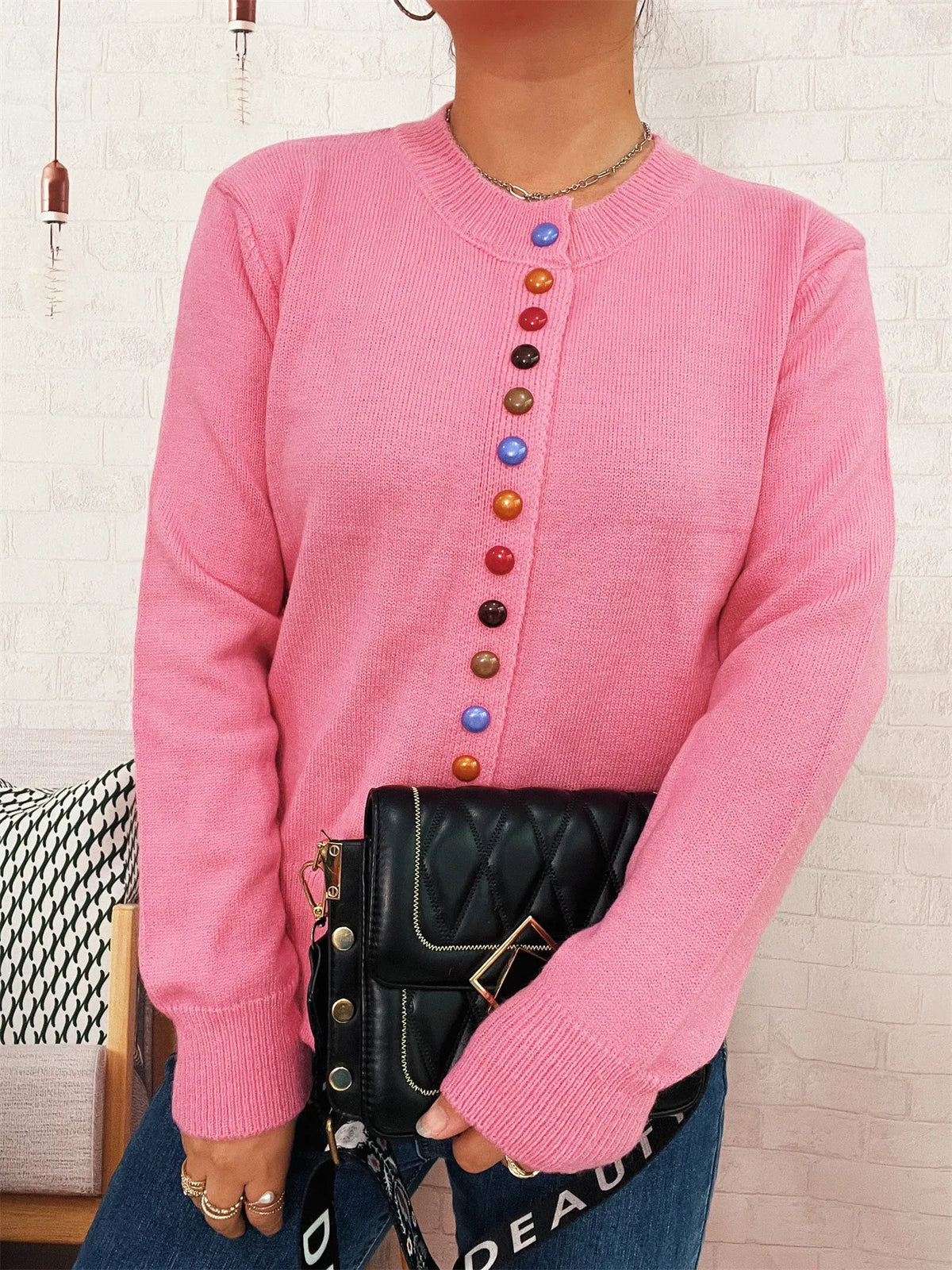 Button-Front Cardigan with Colorful Detail Buttons - Lilixa.store