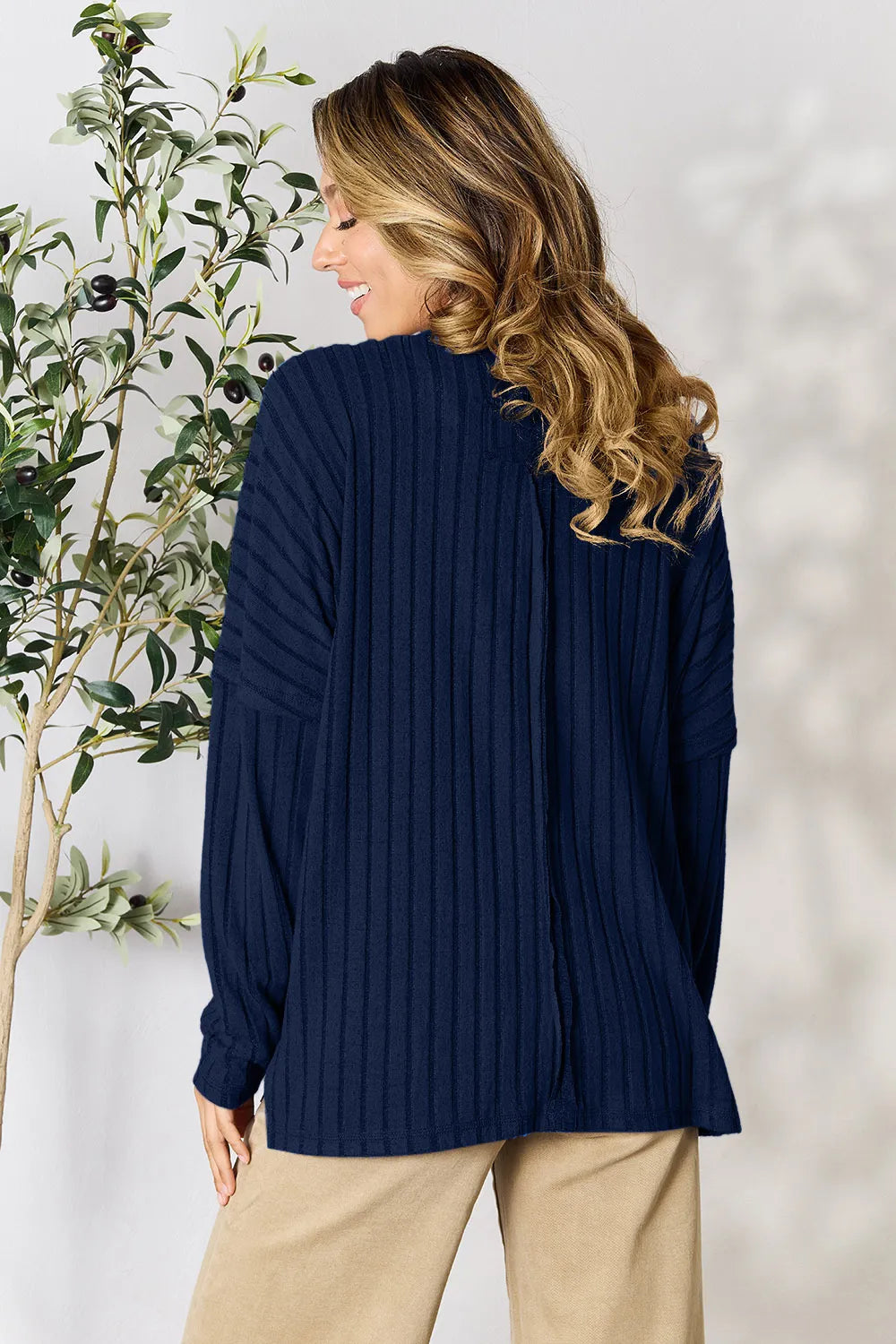 Basic Bae Full Size Ribbed Round Neck Slit Knit Top - Lilixa.store