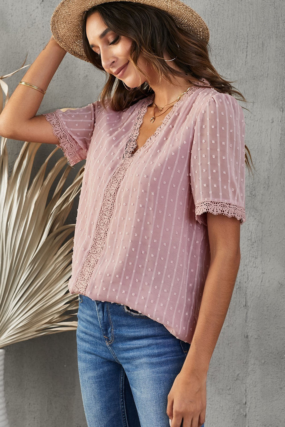 Swiss Dot Lace Trim Plunge Blouse, view 6