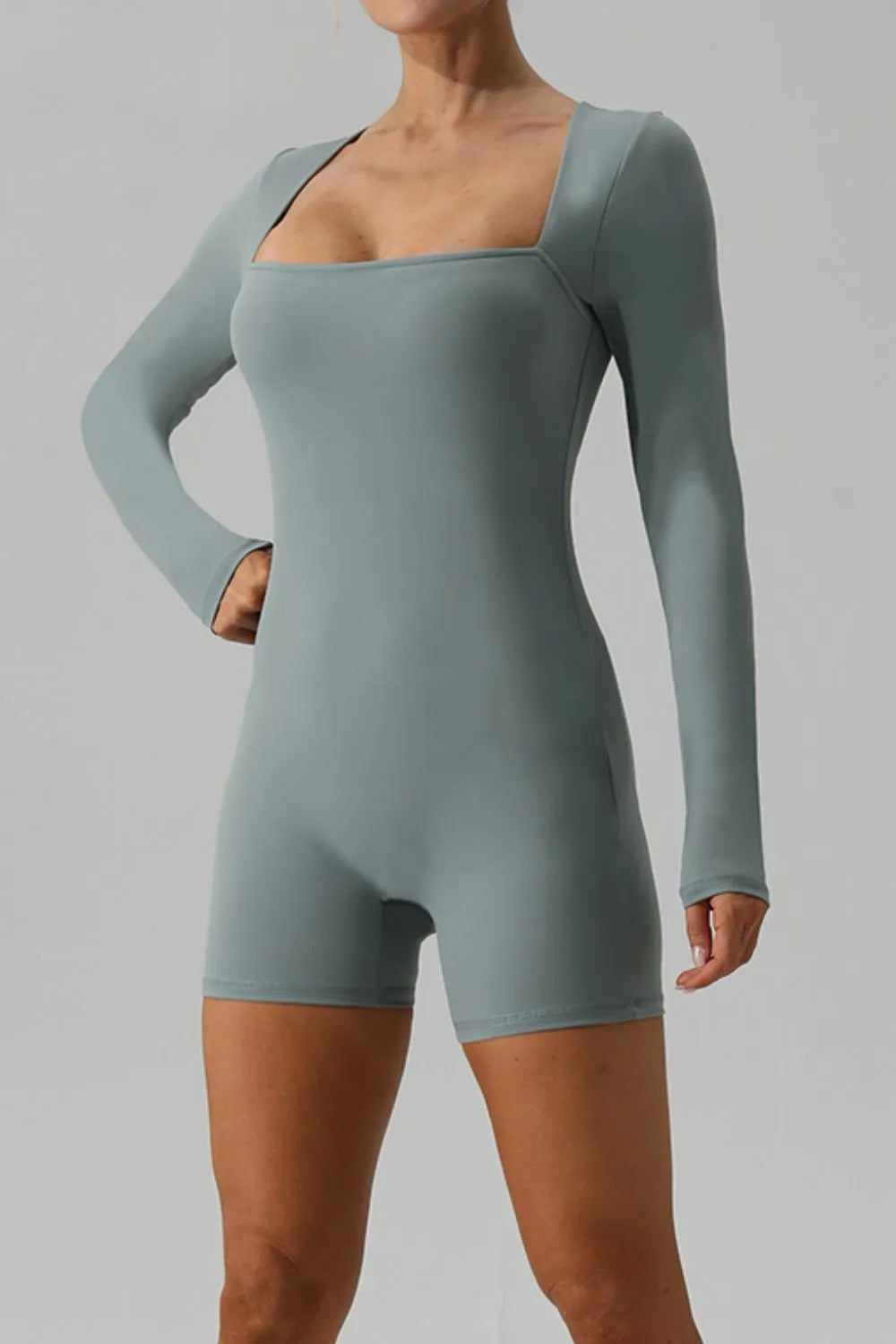 Square Neck Long Sleeve Active Romper - Lilixa.store