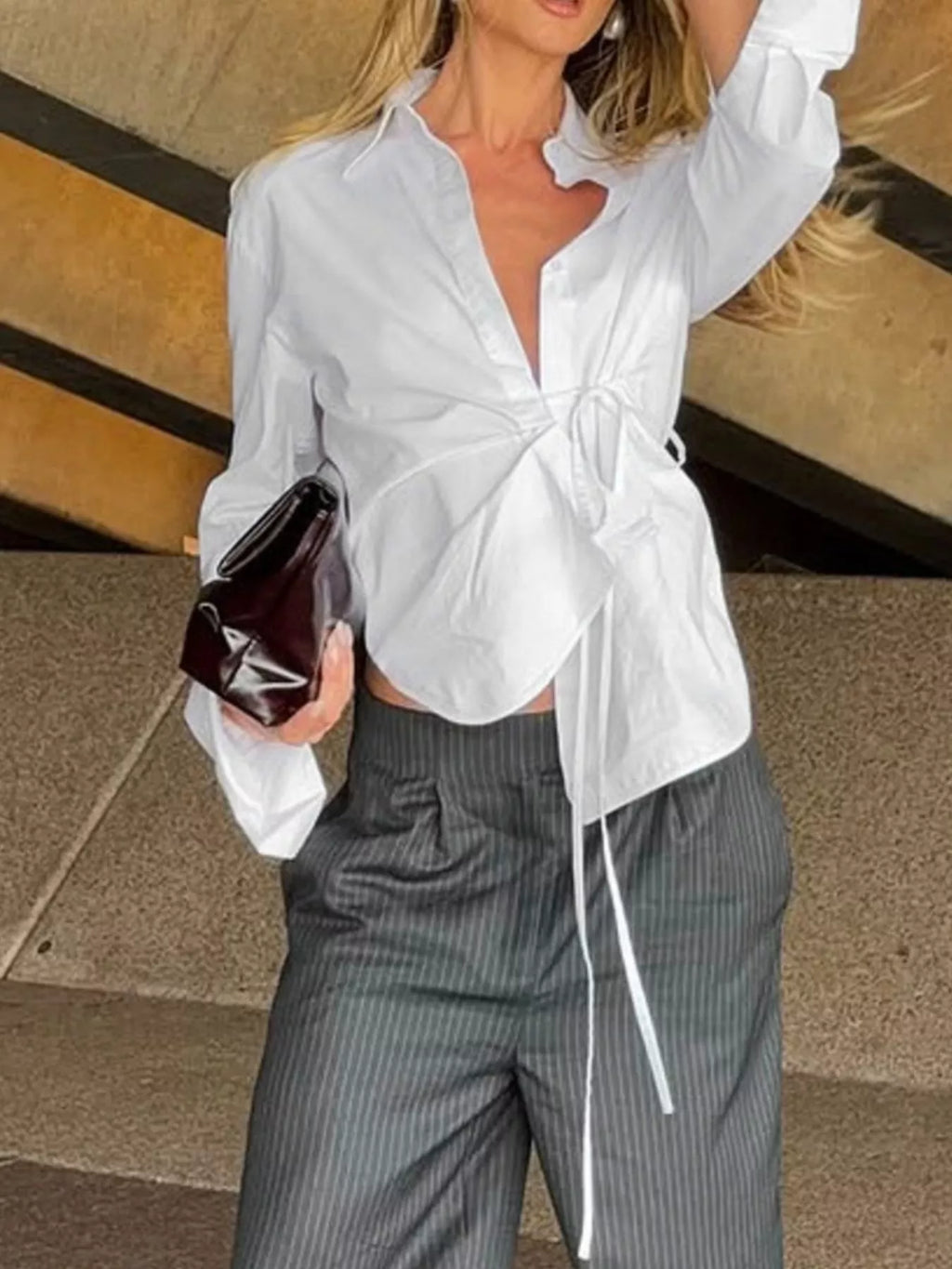 Tie-Waist Detail Wrap-Front Shirt - Lilixa.store