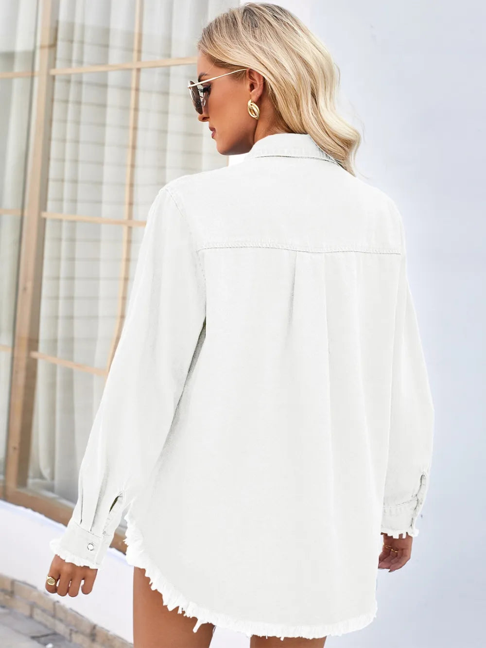 Raw Hem Button Up Long Sleeve Denim Jacket with Sequin Pockets - Lilixa.store