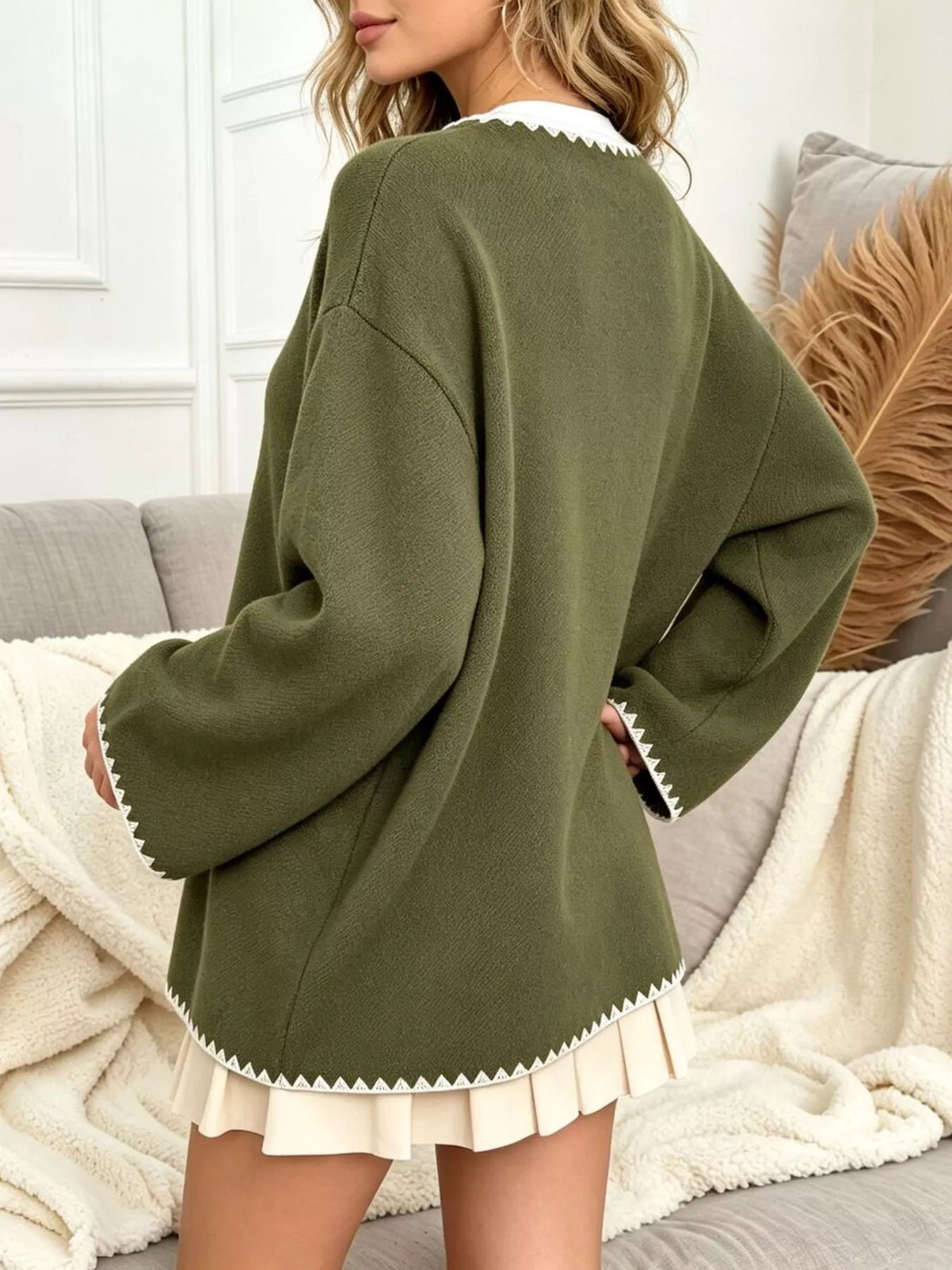 Contrast Trim Button-Front Outerwear in Army Green, view 3