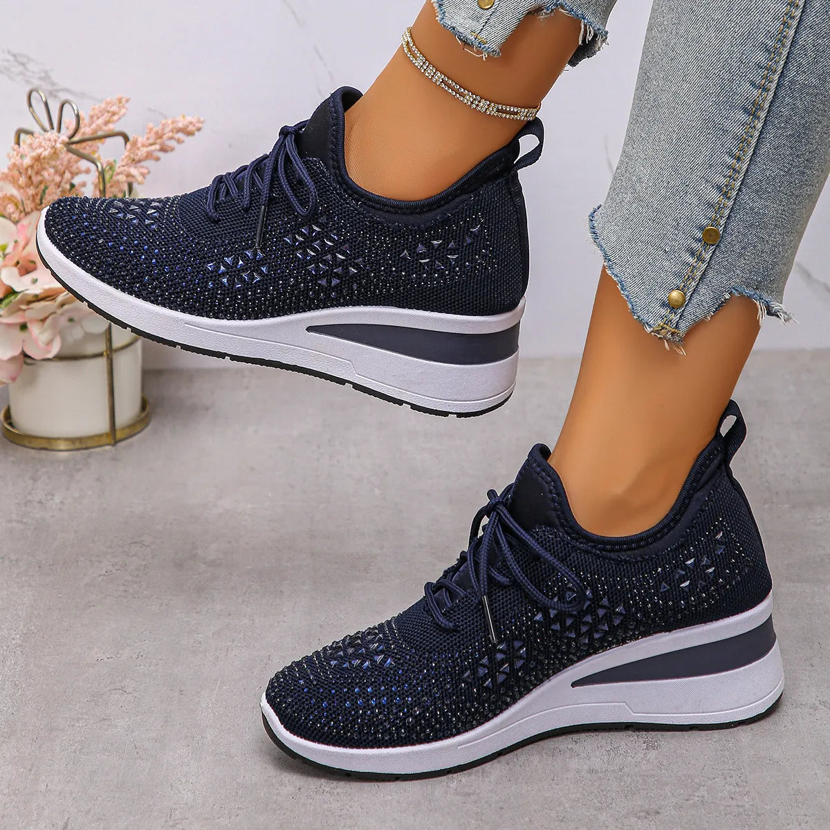 Breathable Mesh Rhinestone Wedge Athletic Sneakers - Lilixa.store