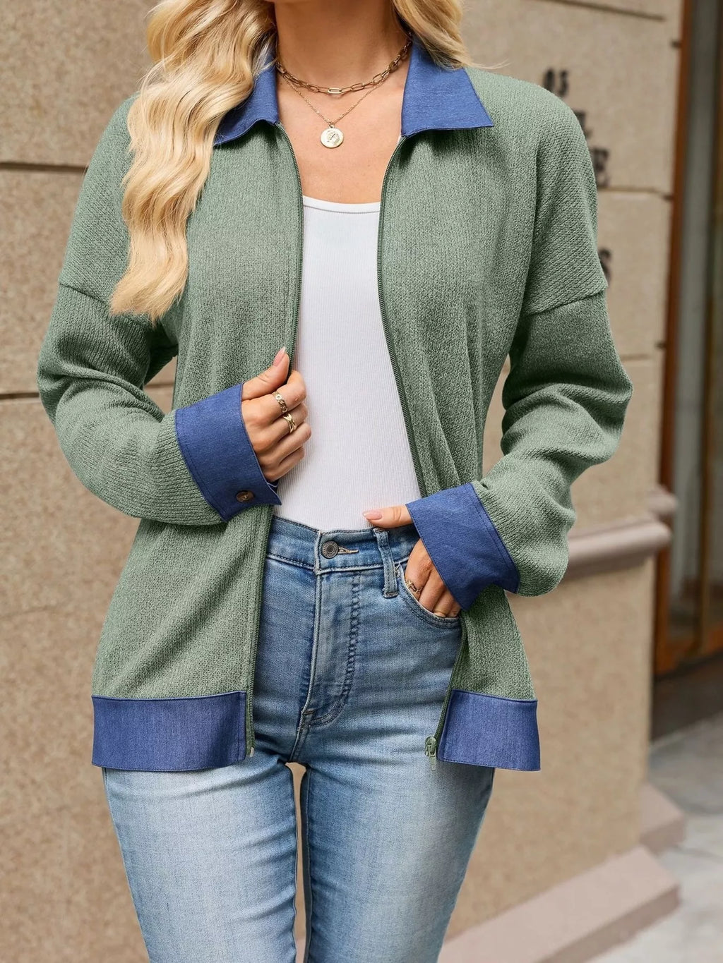 Contrast Denim Collar Zip Up Outerwear - Lilixa.store