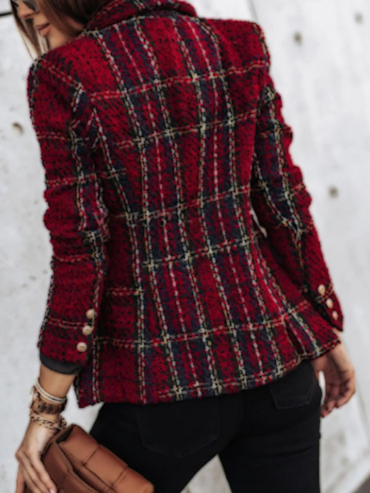 Full Size Plaid Tweed Double-Breasted Blazer Plus Size - Lilixa.store