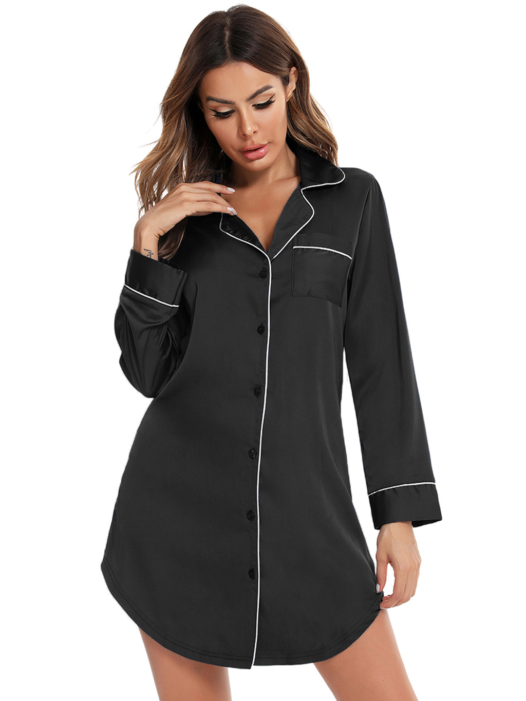 Button Up Lapel Collar Night Dress with Pocket - Lilixa.store