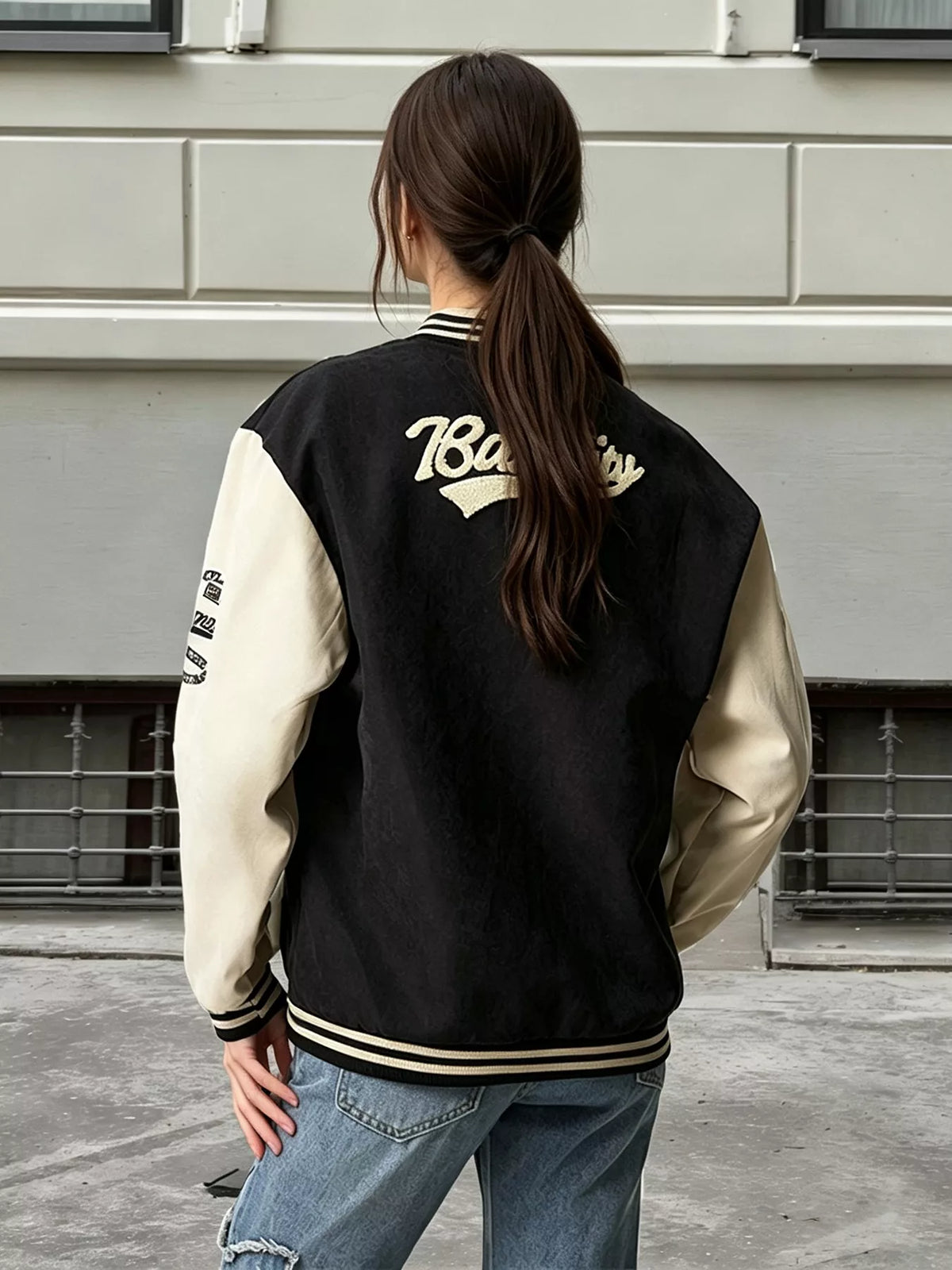 Contrast Baseball Jacket with Embroidered Lettering, view 2